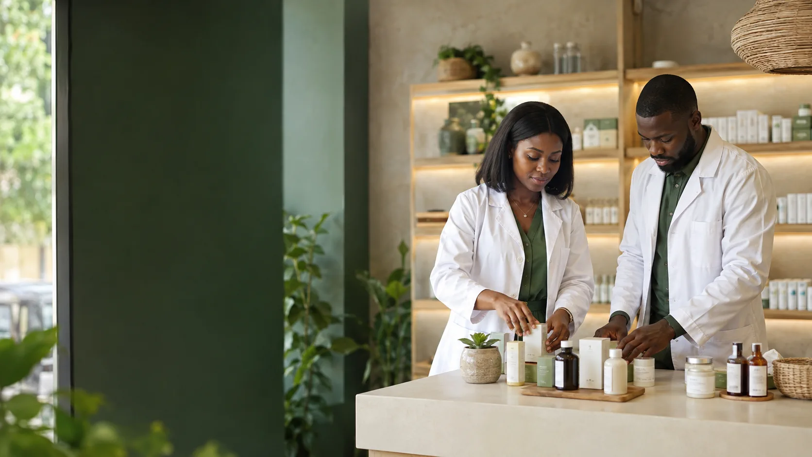 Nigerian pharmacists preparing wellness and pharmacy essentials